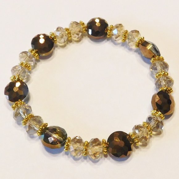 Handmade Copper & Gold Glass beaded Stretch Bracelet - 7" - Picture 1 of 2